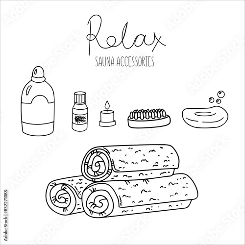 Vector doodle illustration, sauna accessories, towel, jars, soap, shampoos, essential oil, brush, soap bubbles