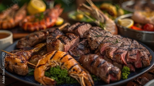 Delicious grilled steak and seafood platter with shrimp, lobster, and vegetables served on a decorative plate for a gourmet dining experience.