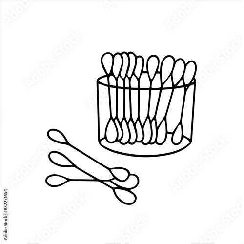 vector doodle illustration, ear cleaning sticks, cotton ear swabs, outline drawing