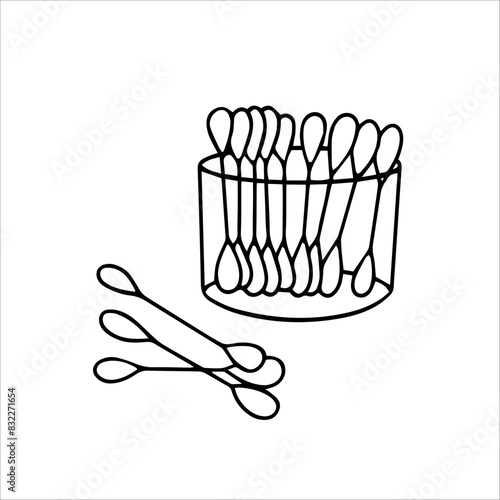 vector doodle illustration, ear cleaning sticks, cotton ear swabs, outline drawing
