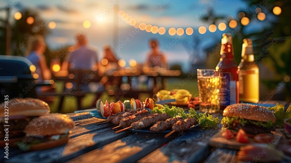 Outdoor barbecue with friends at sunset, featuring grilled food, beer, and festive string lights in a rustic setting. Outdoor barbecue with friends at sunset, featuring grilled food, beer, and festive string lights in a rustic setting.