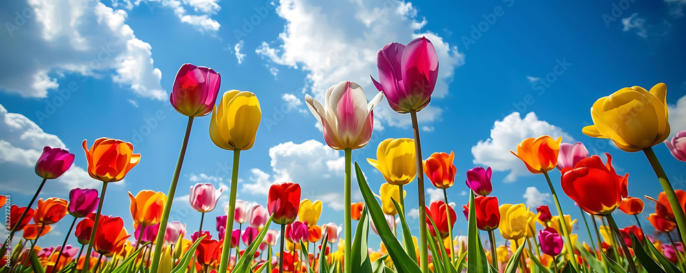 custom made wallpaper toronto digitalcolorful tulip field with blue sky and white clouds, featuring red, yellow, pink, and purple flowers with long green stems