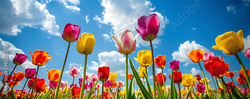Wallpaper Mural colorful tulip field with blue sky and white clouds, featuring red, yellow, pink, and purple flowers with long green stems Torontodigital.ca