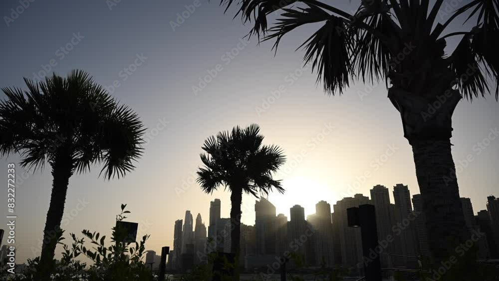 The sun sets behind palm trees in a city, casting a warm glow over the urban landscape The sun sets behind palm trees in a city, casting a warm glow over the urban landscape