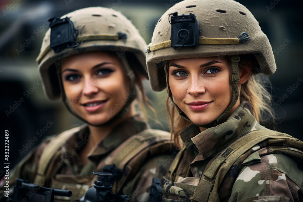 Two women in military uniform created with generative AI Two women in military uniform created with generative AI