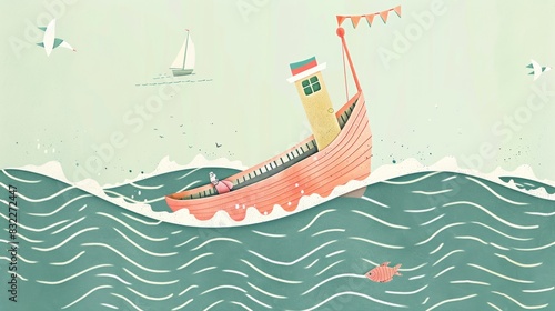Paper art of red boat and the sea. paper art. Illustrations