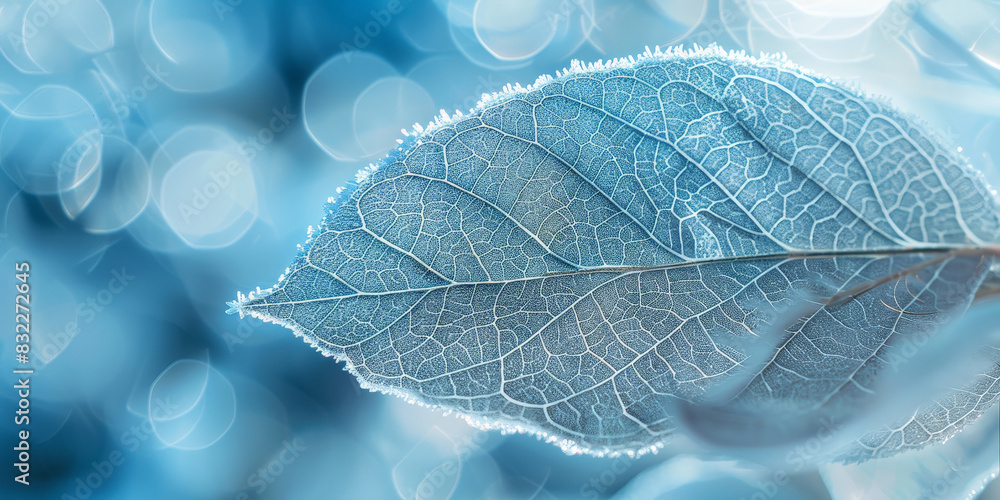 Frost-covered leaf in winter with intricate details against a soft blue background, highlighting the delicate beauty and serenity of a cold morning
Frost-covered leaf in winter with intricate details against a soft blue background, highlighting the delicate beauty and serenity of a cold morning