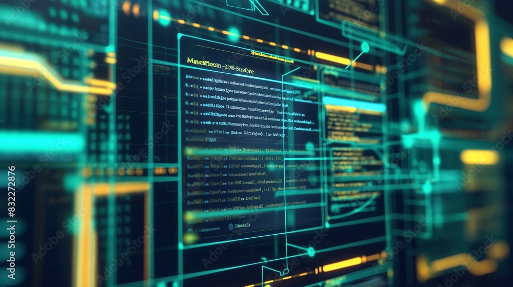 Fototapeta premium A smart contract interface on a computer screen, showing legal documents being automatically executed and verified via a blockchain network.