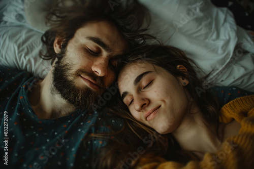 Generated with ai picture of a beautiful loving happy cute couple lying comfy bed at home © Tetiana