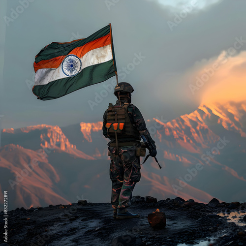 Indian Independence day with Indian army holding Indian flag photo