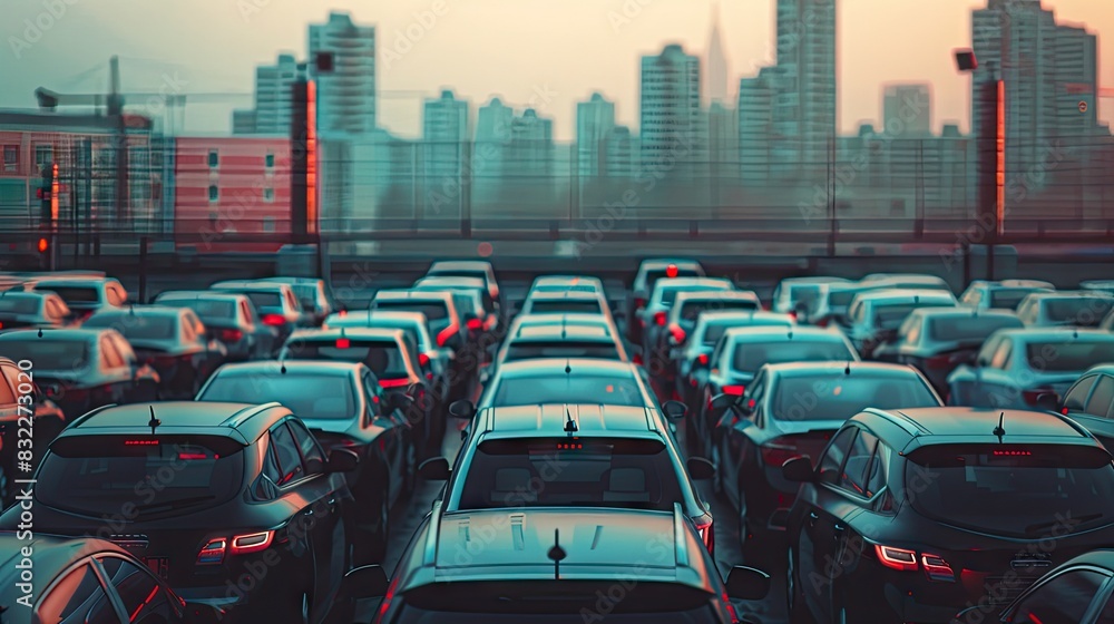 Fototapeta premium Many cars parked in a lot with city in background