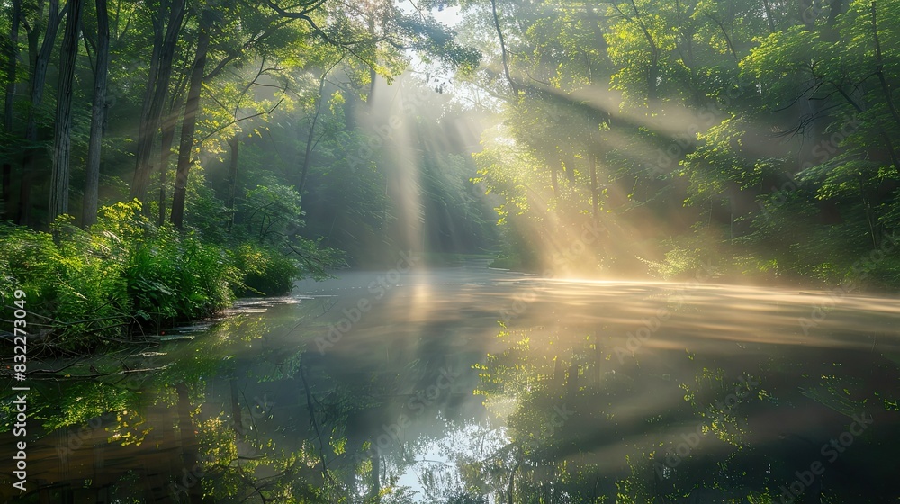 Sun rays reflecting off calm river surface Sun rays reflecting off calm river surface
