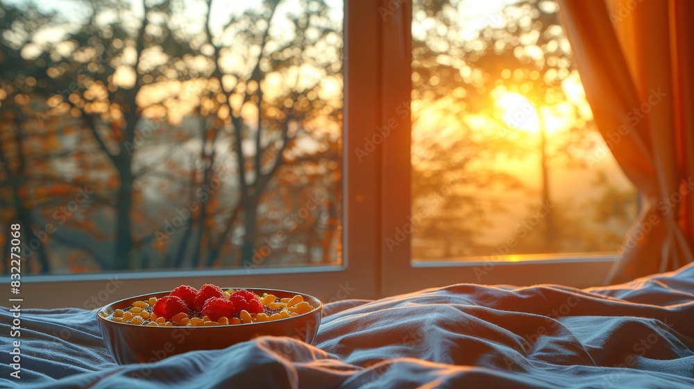 Nutritious breakfast yogurt, acai, chia pudding, fruits, berries, nuts, and chia in morning light Nutritious breakfast yogurt, acai, chia pudding, fruits, berries, nuts, and chia in morning light
