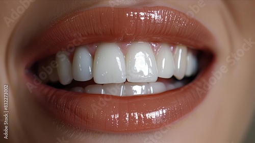 Shining white teeth in close-up smile with healthy natural looking lips