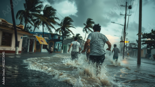 Wallpaper Mural People running in the streets during hurricane, palm trees and flooded street, high winds blowing water up into air, houses destroyed Torontodigital.ca