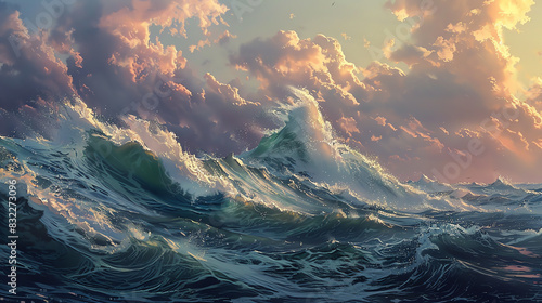 Create a digital painting of immense, curling waves crashing against a dramatic sky, conveying the sheer force and beauty of nature in a hyper-realistic style photo