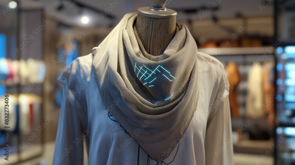 A smart scarf displayed in a fashion store, integrated with pollution filters and climate control capabilities, stylishly designed for urban commuters. A smart scarf displayed in a fashion store, integrated with pollution filters and climate control capabilities, stylishly designed for urban commuters.