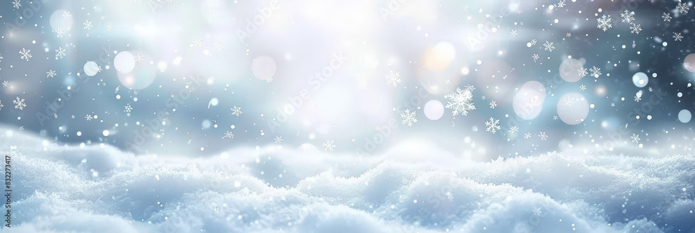 Winter snowfall in a serene forest with a close-up of snow-covered ground, capturing the peaceful and magical essence of a snowy landscape
