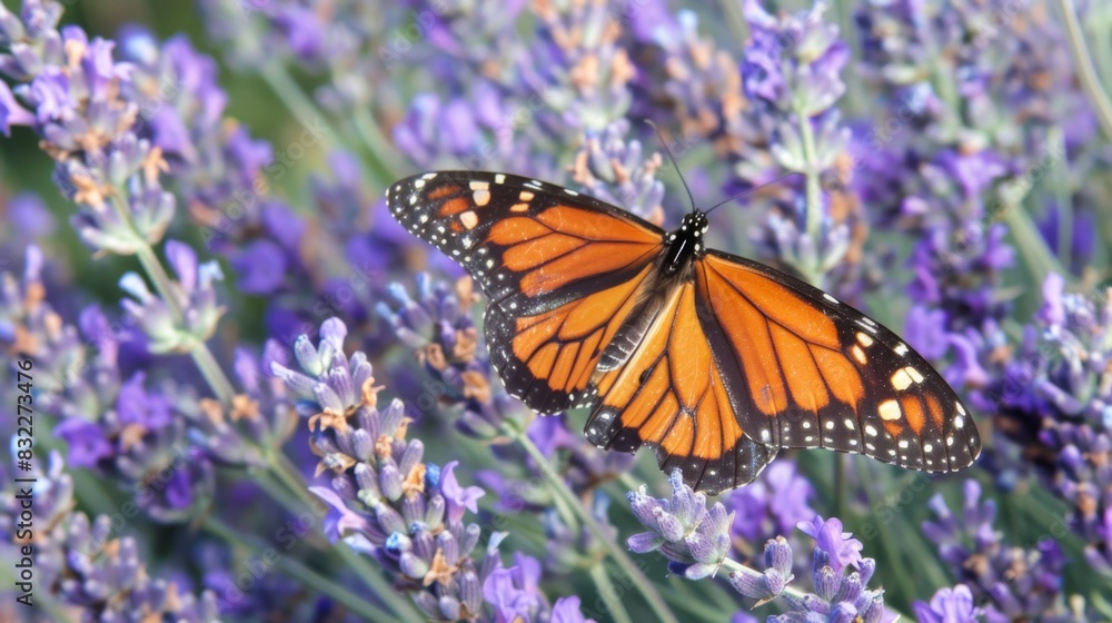 Obraz premium A butterfly on a lavender plant, with the purple flowers providing a stunning contrast to its wings