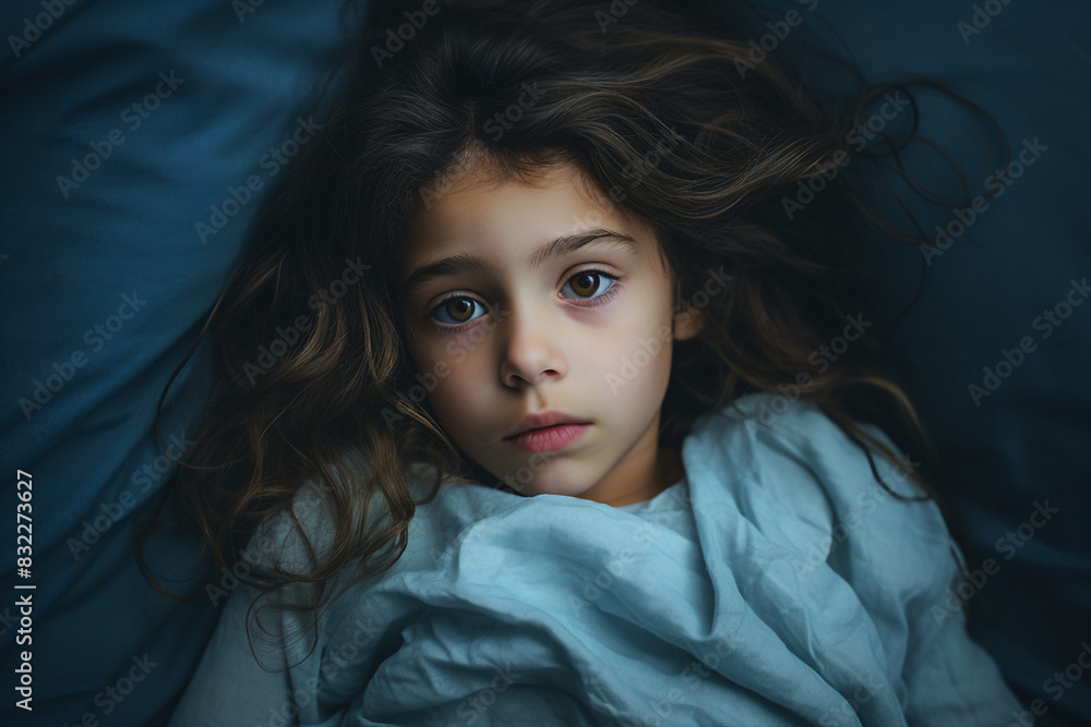 AI generated image photo of cute child lying on bed in hospital AI generated image photo of cute child lying on bed in hospital