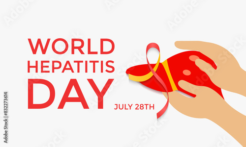 Vector illustration of World Hepatitis Day ,July 28.  Hand with liver and ribbon design illustration. Banner poster, flyer and background design.