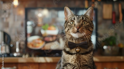 A cat wearing a tiny bow tie, sitting primly in front of a TV displaying a cooking show