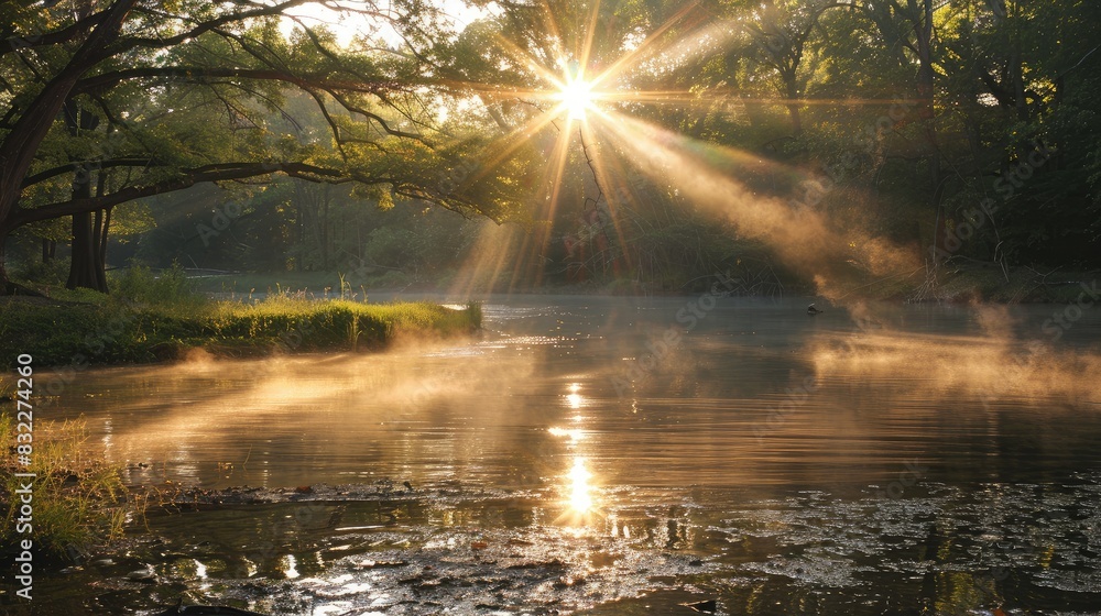 Sun rays reflecting off calm river surface Sun rays reflecting off calm river surface