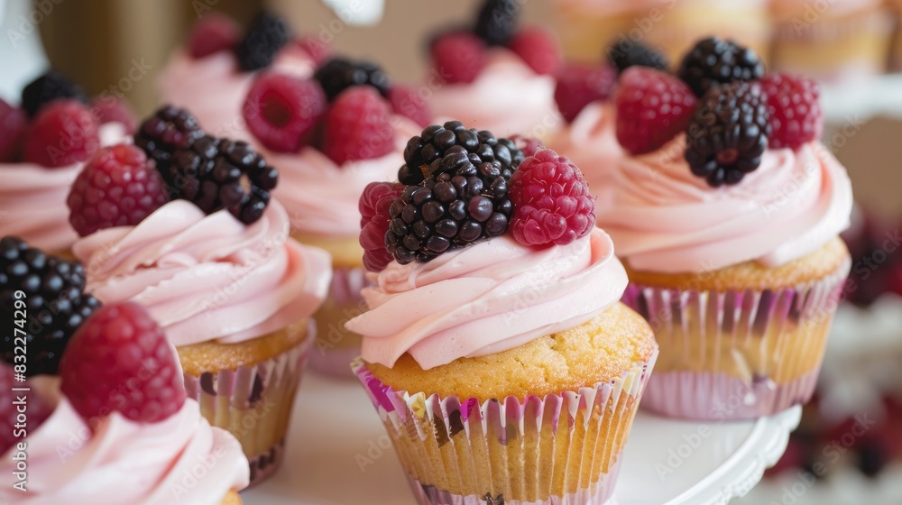 A table topped with cupcakes adorned with blackberries and raspberries