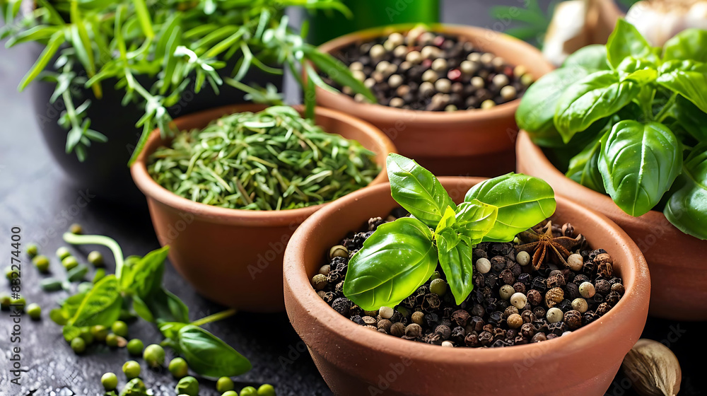 fresh green herbs and spices in small ceramic bowls sit on a black table, accompanied by a brown pot and a green leaf fresh green herbs and spices in small ceramic bowls sit on a black table, accompanied by a brown pot and a green leaf