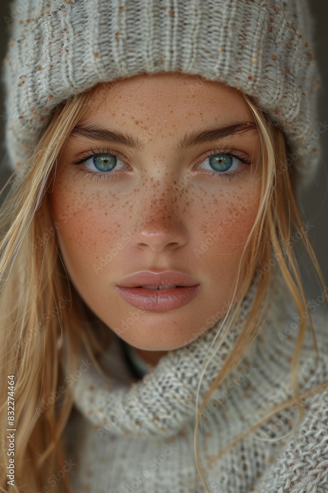 A glamorous portrait of a young woman exuding elegance, wearing a beanie with subtle makeup. A glamorous portrait of a young woman exuding elegance, wearing a beanie with subtle makeup.