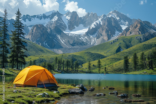 A tent stands amidst the majestic mountains, embodying freedom and discovery.