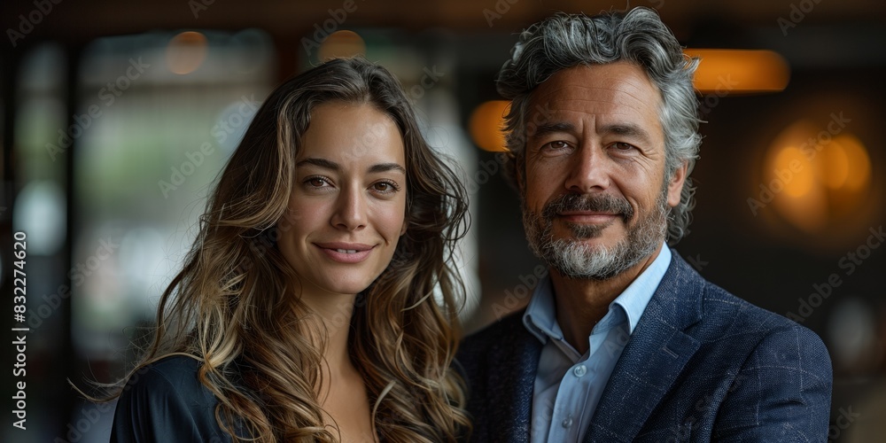 A handsome business couple, exuding success and glamour, smiling for photographers. A handsome business couple, exuding success and glamour, smiling for photographers.