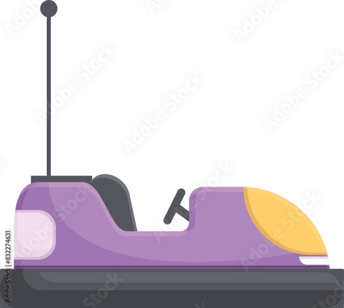 Colorful and playful cartoon bumper car illustration in a funfair amusement park, featuring a purple and yellow electric vehicle for kids and family leisure and entertainment