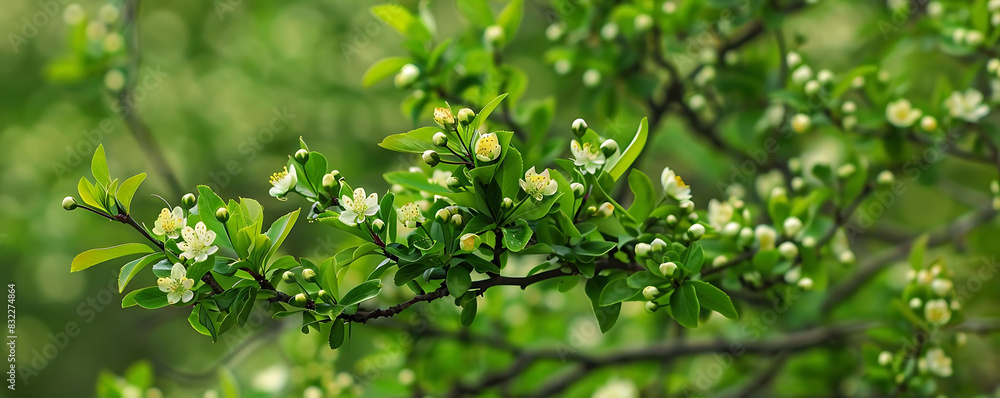 fresh green leaves and blossoms on tree branches in spring fresh green leaves and blossoms on tree branches in spring