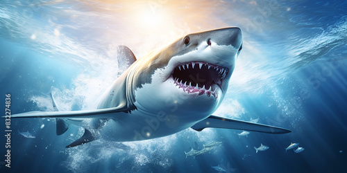 Great white shark with its mouth open in the water nature aquatic background 