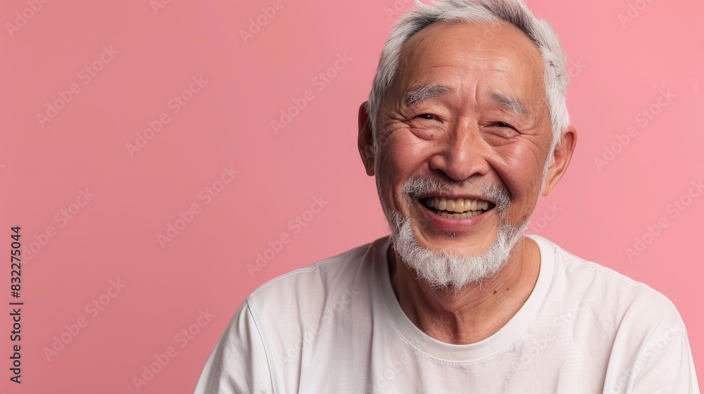 A cheerful elderly Asian man in a T shirt smiles set against a pink backdrop conveying themes of travel summer holidays and vacations A cheerful elderly Asian man in a T shirt smiles set against a pink backdrop conveying themes of travel summer holidays and vacations