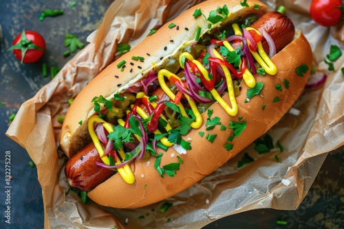 Appetizing Hot Dog Topped with Fresh Vegetables and Sauces