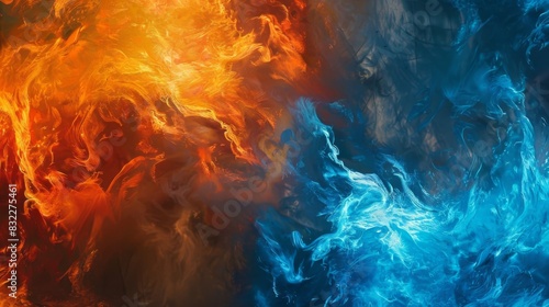 A colorful, abstract painting of fire and water