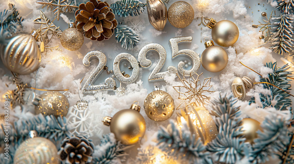 Collection of various Christmas New Year traditional decorations including ornaments, pine cones, inscription 2025 Collection of various Christmas New Year traditional decorations including ornaments, pine cones, inscription 2025