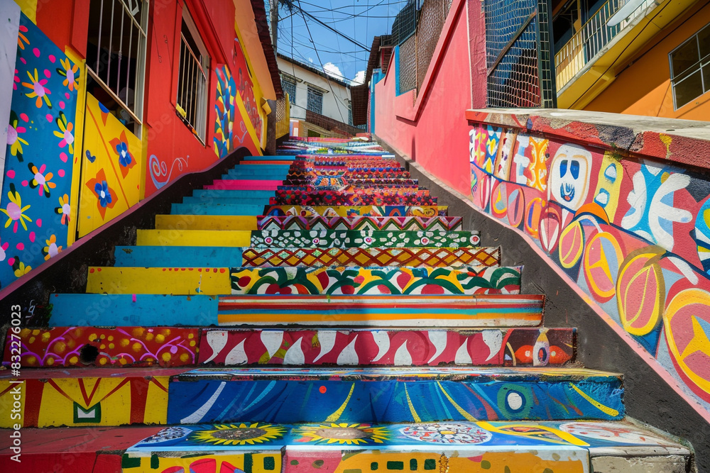 Fototapeta premium Favela staircase painted in bright colors and patterns, reflecting local artistic flair.