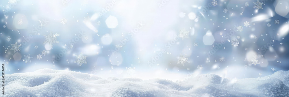 Fototapeta premium empty wooden table top on snow background. Snowy winter landscape with snow-covered trees and a wooden deck in the foreground, creating a serene and picturesque scene with soft morning light. 