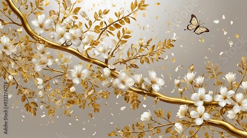 painting of a cherry blossom tree with white flowers and brown branches against a gold background.