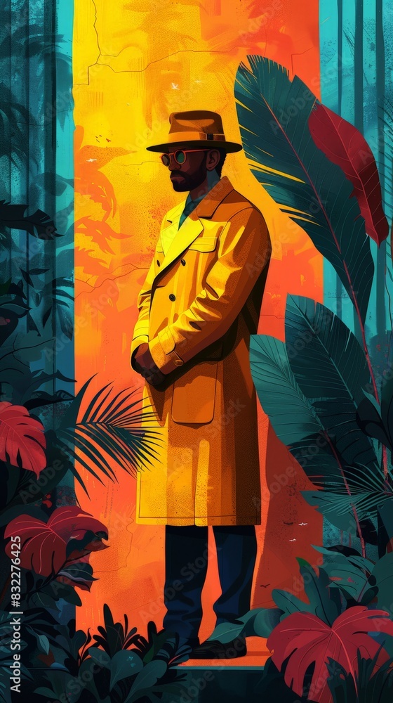 Create a mystery-comedy digital artwork with a quirky detective character. Use bright colors and exaggerated expressions to convey humor, set against a simple, minimalist backdrop to highlight the Create a mystery-comedy digital artwork with a quirky detective character. Use bright colors and exaggerated expressions to convey humor, set against a simple, minimalist backdrop to highlight the