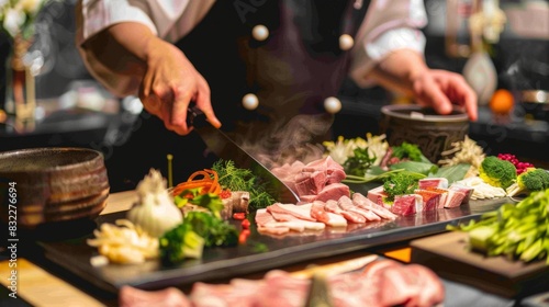 A chef slicing thin pieces of beef for Shabu Shabu, with a beautifully arranged platter of meats and veggies