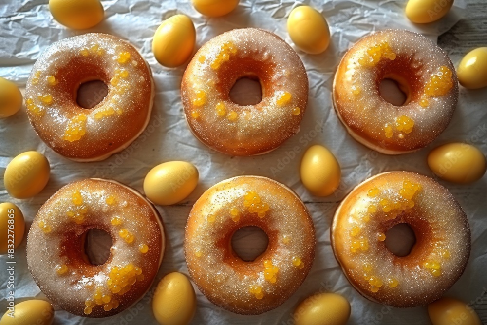 Assorted donuts with sugar glaze and yellow candy decorations on parchment paper Assorted donuts with sugar glaze and yellow candy decorations on parchment paper