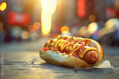 Street Food Hotdog with Mustard and Relish on Urban Night Background photo