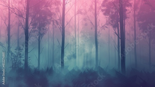 A forest with trees in the background and a pinkish hue photo