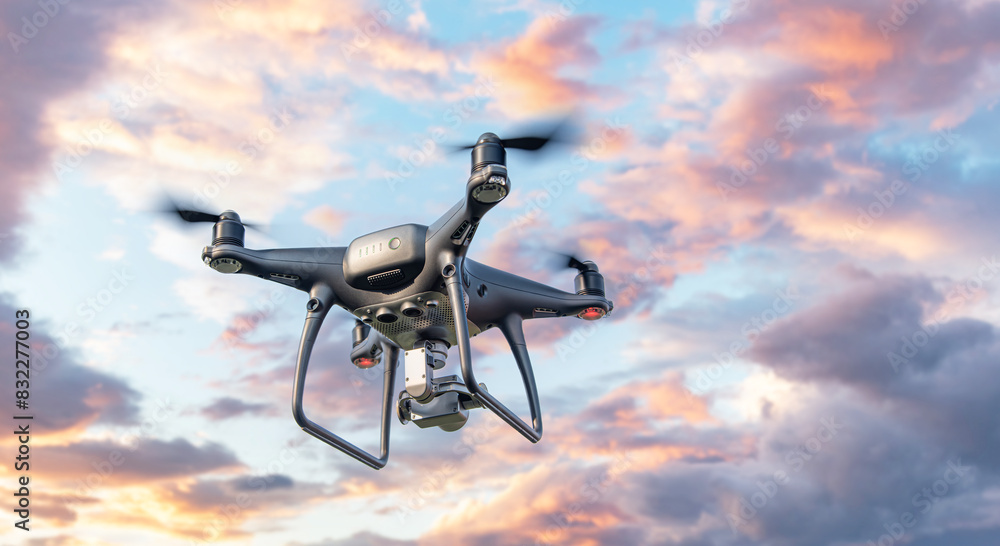 Modern drone with a camera flies in the sky.