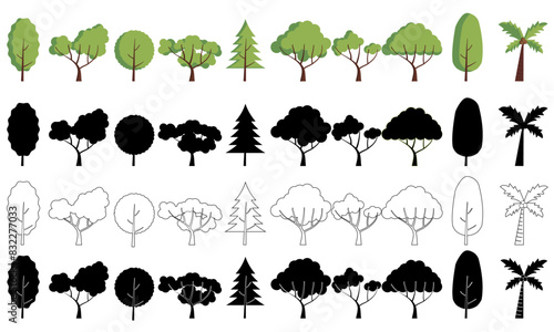 Collection of 10 Tree Graphic elements in Colour, Silhouette,  white with black stroke and black with white stroke isolated on a white or transparent background