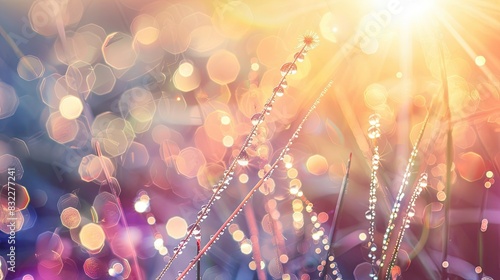 Sun rays sparkling on dewy morning grass photo